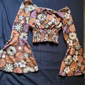 ROMWE X Goldendazeillustration Floral Print Shirred Flounce Sleeve Blouse